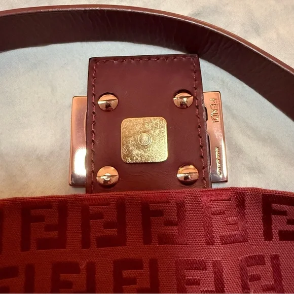 RARE Rose Gold Hardware Fendi Zucchino Baguette Bag in Red / Burgundy - Picture 7 of 11